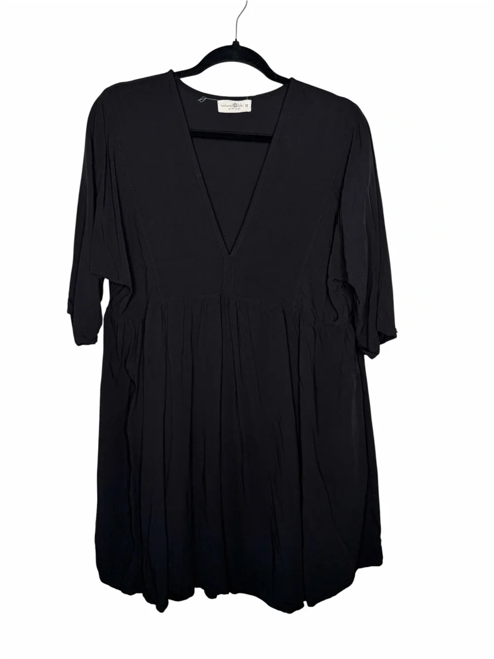 NATURAL LIFE / black Stella v-neck babydoll short sleeve boho dress / M